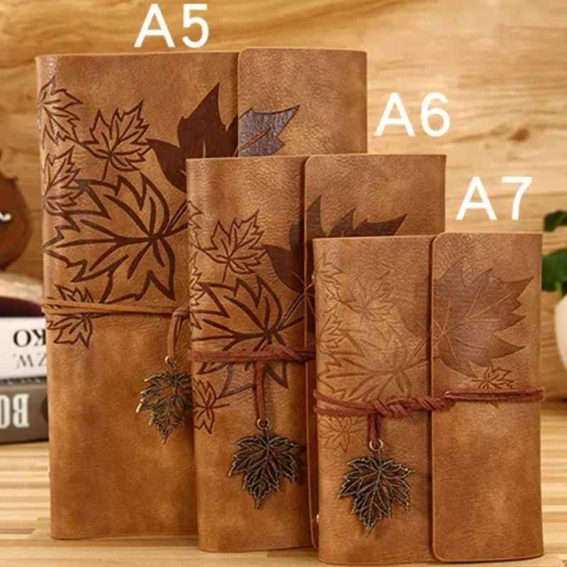 vintage travel notebook four sizes aligned - Light Brown - Dark Brown - Brown - Sky Blue - Blue - Orange - Light Green - Green - Pink - Perforated Leaves