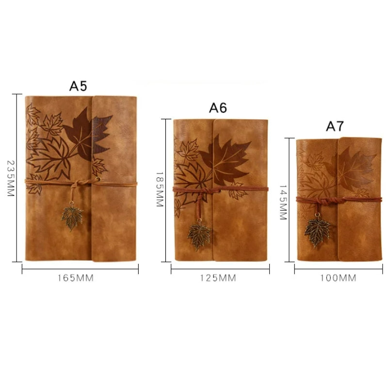 vintage travel notebook three sizes aligned - Light Brown - Dark Brown - Brown - Sky Blue - Blue - Orange - Light Green - Green - Pink - Perforated Leaves