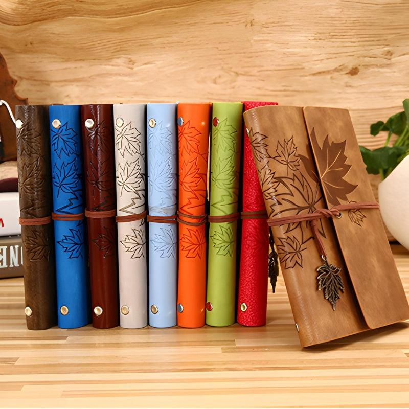 vintage travel notebook ten items aligned - Light Brown - Dark Brown - Brown - Sky Blue - Blue - Orange - Light Green - Green - Pink - Perforated Leaves