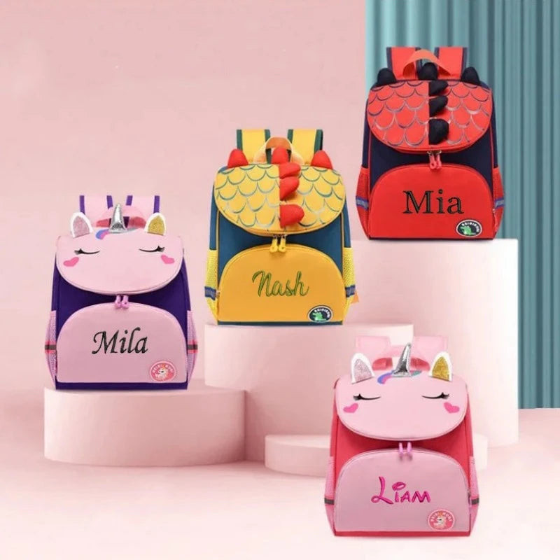 customizable children's backpack four bags aligned - Pink and Purple - Pink and Sky Blue - Pink and Navy Blue - Red and Navy Blue - Sky Blue and Navy Blue - Yellow and Navy Blue - Royal Blue and Navy Blue
