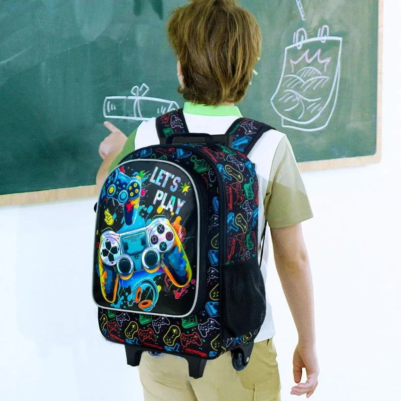 close up playful pattern rolling backpack - Games Console