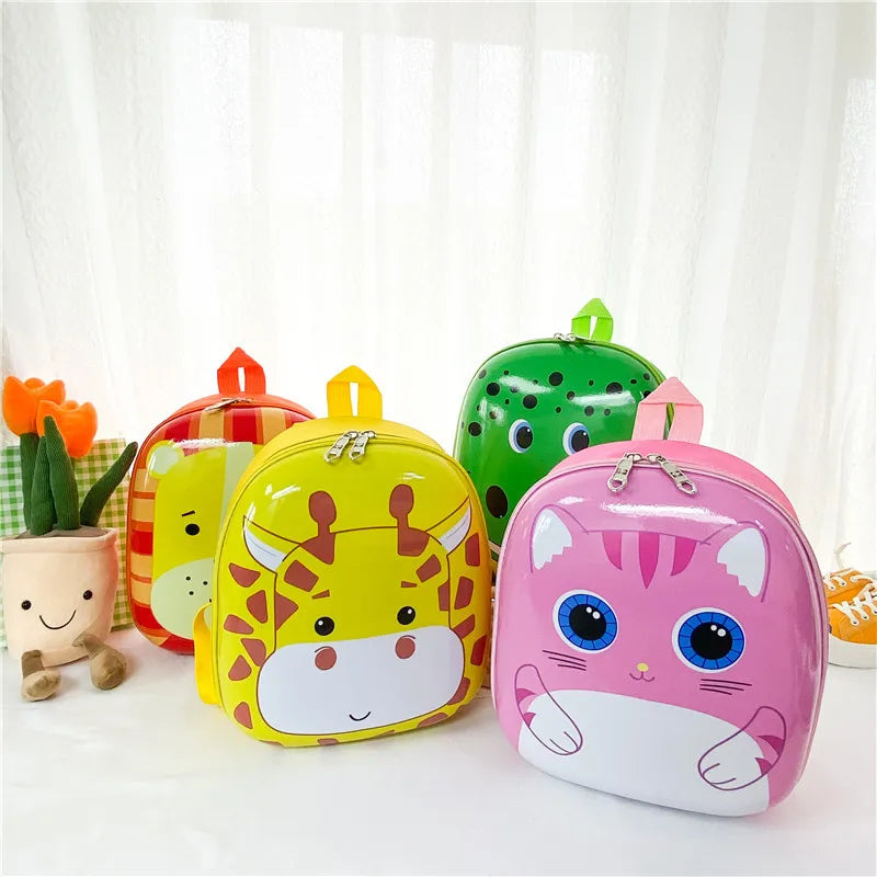 preschool child backpack four bags lined up - Giraffe - Crocodile - Lion - Cat