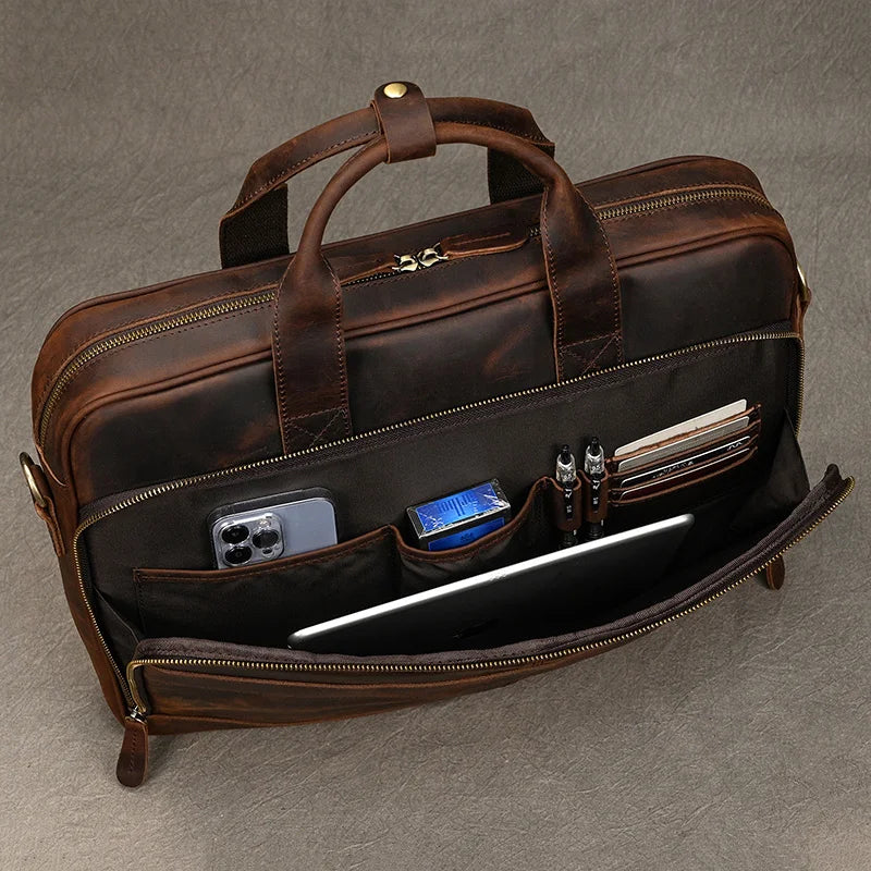 leather laptop bag for men open compartment - Glossy Brown - Glossy Black - Matte Brown - Matte Camel