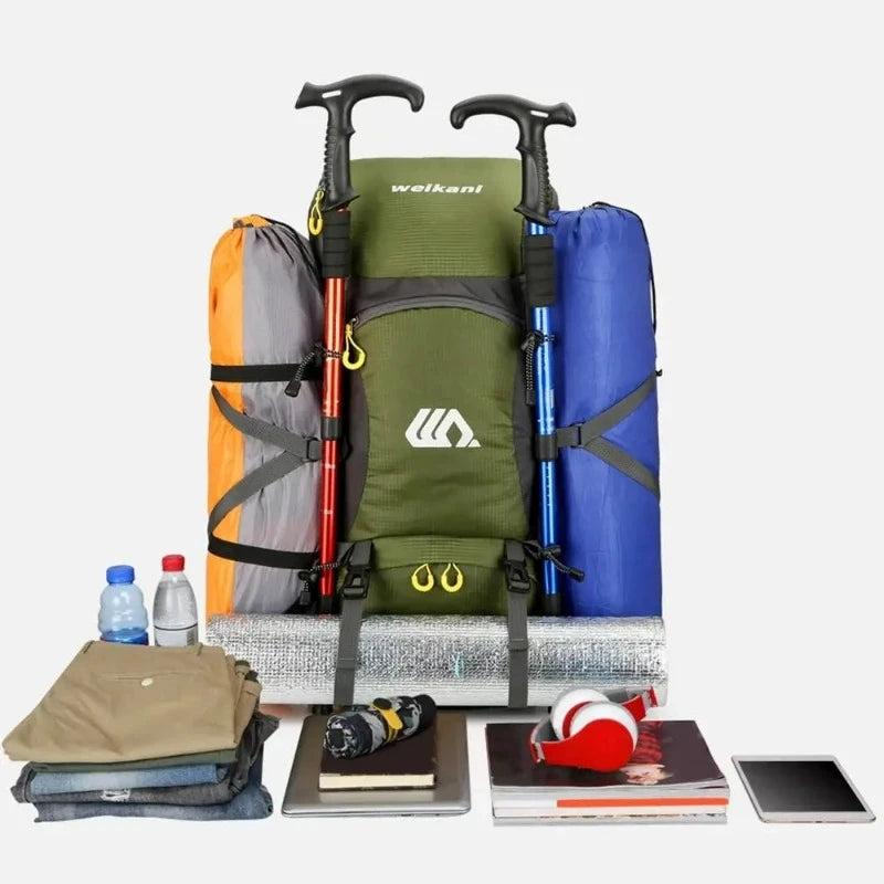 50 liters hiking backpack two trekking poles - Orange - Black - Navy Blue - Red - Green