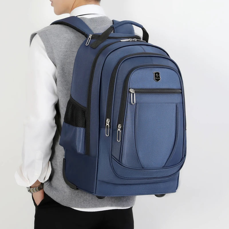 wheeled backpack close up on back - Navy Blue - Grey - Gray - Black