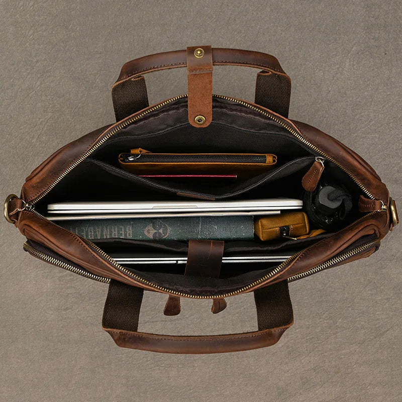 leather laptop bag for men open compartment - Glossy Brown - Glossy Black - Matte Brown - Matte Camel