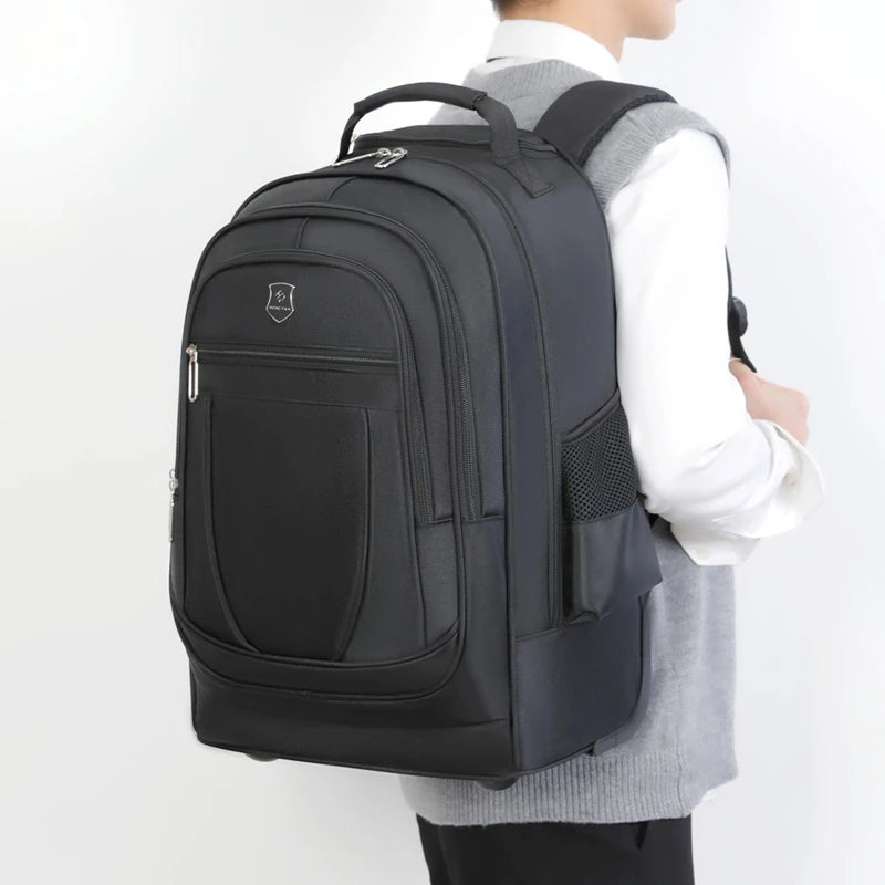 wheeled backpack close up on back - Navy Blue - Grey - Gray - Black