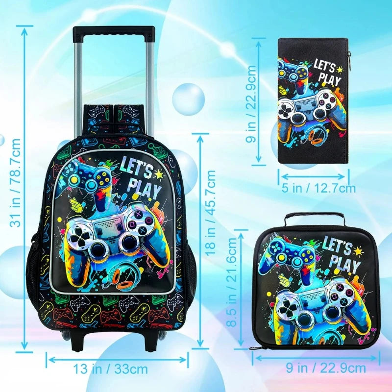 rolling backpack dimensions displayed - Games Console