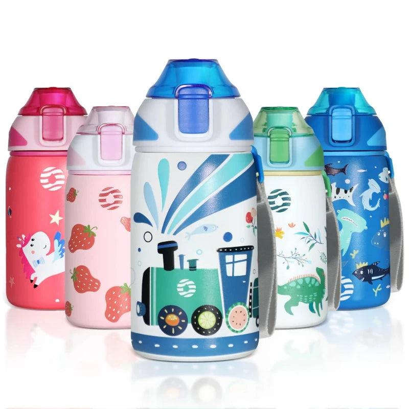 kids water bottle 3 years five bottles aligned - Train - Fish - Unicorn - Dinosaur - Strawberry - Bee