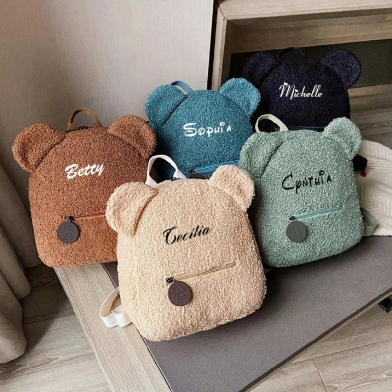 customizable child backpack five bags lined up - Brown - Beige - Light Blue - Cream White - Dark Green - Pink - Light Pink - Turquoise - Black - Taupe