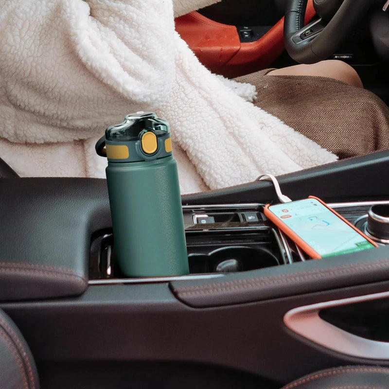 insulated water bottle with integrated straw bottle in car - Green - Black - Grey - Gray - Lavender - Blue