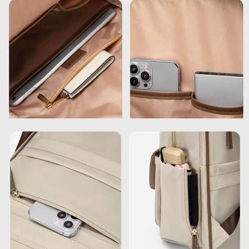 chic women's laptop backpack compartment open - Beige - Black