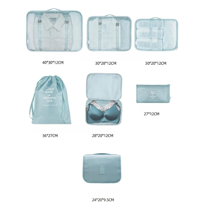 luggage organizer five items aligned - Turquoise - Navy Blue - Light Blue - Beige - Black - Grey - Gray - Pink
