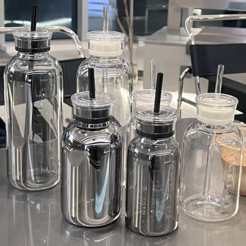 water bottle with straw - Transparent - Black