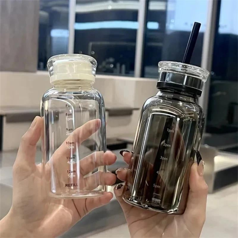 glass bottle with straw - Transparent - Black