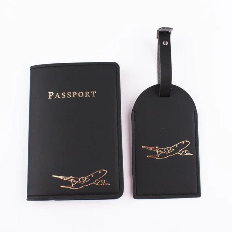 airplane luggage tag - Black - Gold Plane Engraving