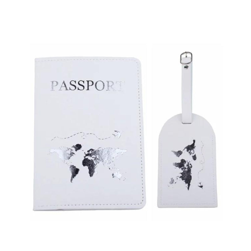 luggage tag - White - Silver World Map Engraving
