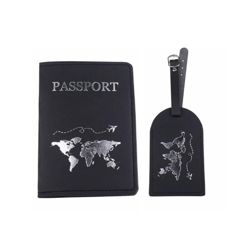 airplane baggage tag - Black - Silver World Map Engraving