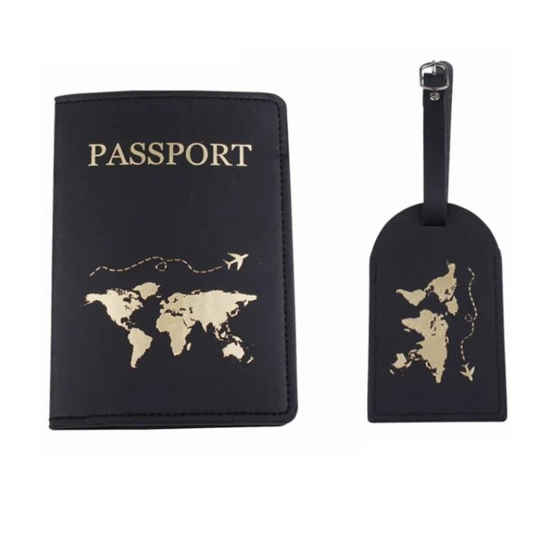 airplane carry-on luggage tag - Black - Gold World Map Engraving