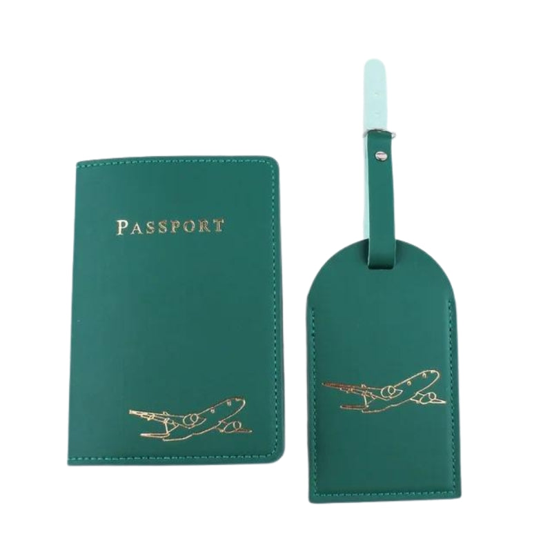 leather luggage tag - Green - Gold Plane Engraving