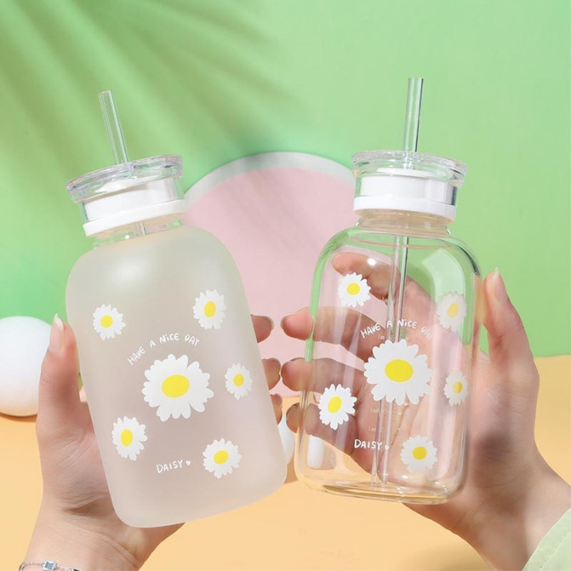 glass bottle with straw - White - Transparent