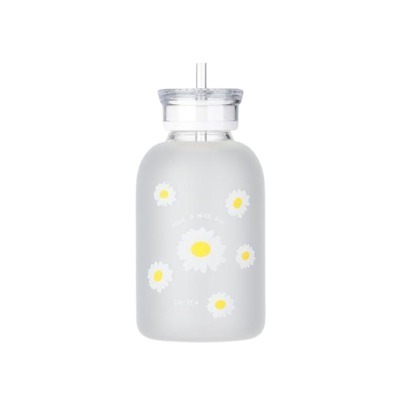 glass water bottle with straw - White - Five-Flower Pattern