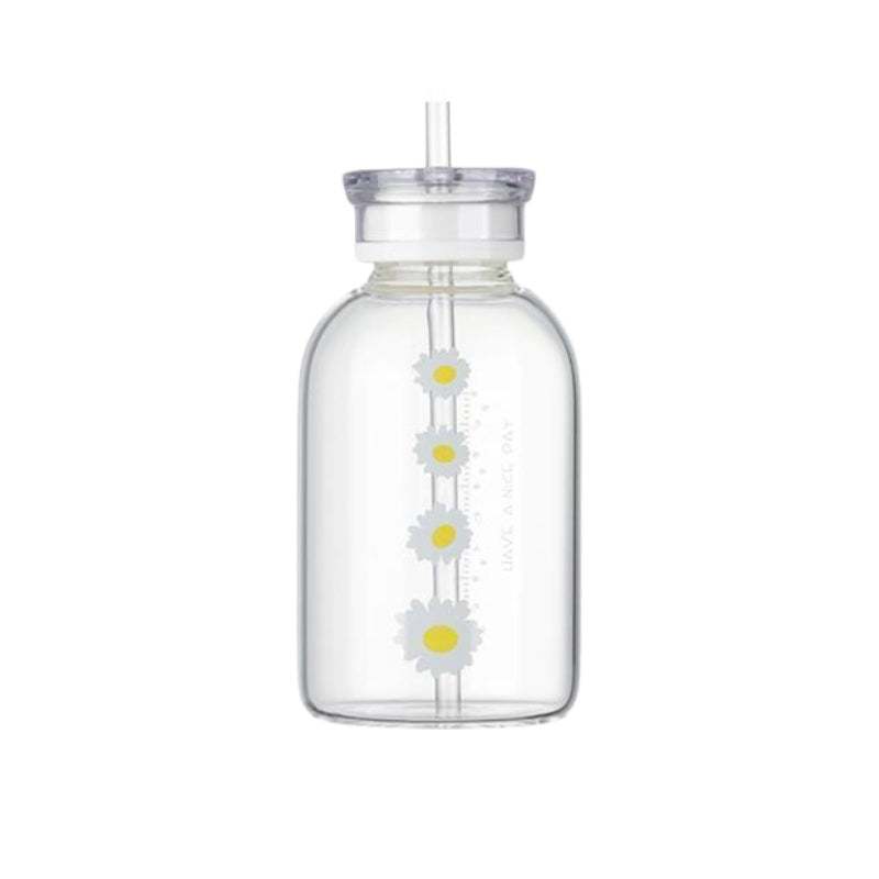 bottle with straw - Transparent - Four-Flower Pattern