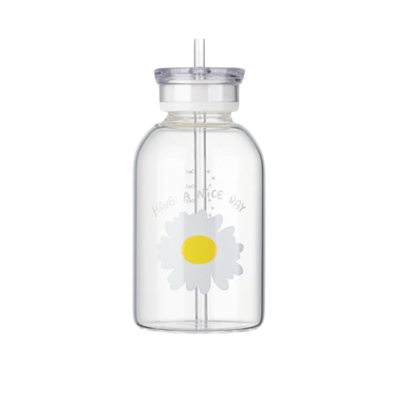 glass bottle with straw - Transparent - Single-Flower Pattern