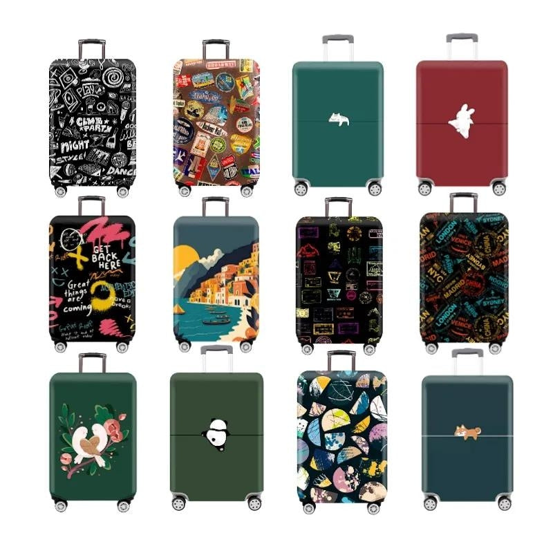 suitcase protection covers - Green Panda Pattern - Green Small Cat Pattern - Green Bird Pattern - Red Rabbit Pattern - Red Small Cat Pattern - Blue City Pattern - Blue Half-Circle Pattern - Blue Dog Pattern - Black Tiger Pattern - Black Travel Stamp Pattern - Black Travel Trail Pattern - Black Graffiti Pattern - Black Boom Party Pattern - Brown Travel Sticker Print