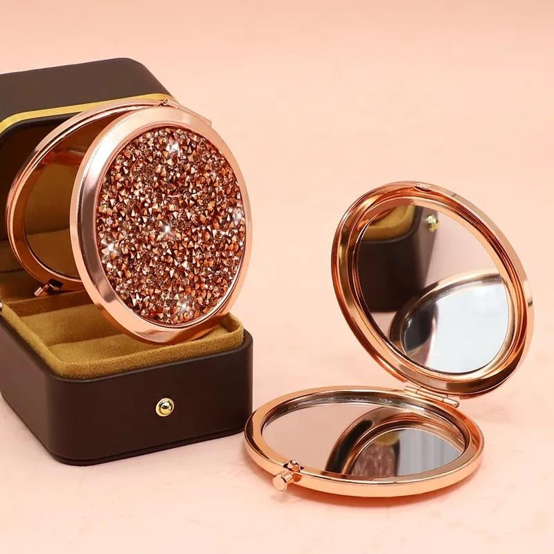 luxury handbag mirror - Silver with Rhinestones - Silver with Yellow Rhinestones - Silver with Pink Rhinestones - Silver with Sky Blue Rhinestones - Silver with Purple Rhinestones - Silver with Grey Rhinestones - Silver with Gray Rhinestones - Silver with Green Rhinestones - Silver with Blue Rhinestones - Rose Gold 1 - Rose Gold 2 - Rose Gold 3 - Rose Gold 4 - Gold 1 - Gold 2 - Gold 3