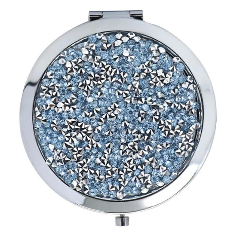 pocket mirror for women - Silver with Sky Blue Rhinestones
