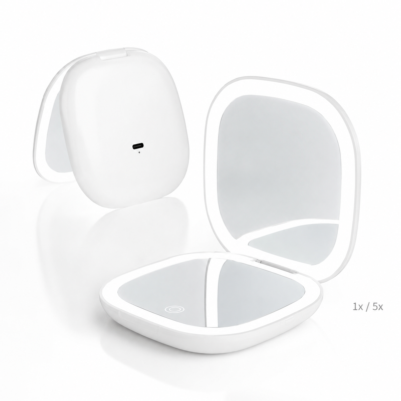 Miroir Grossissant de Poche à LED grossissement x1 et x5 vue de trois côtés