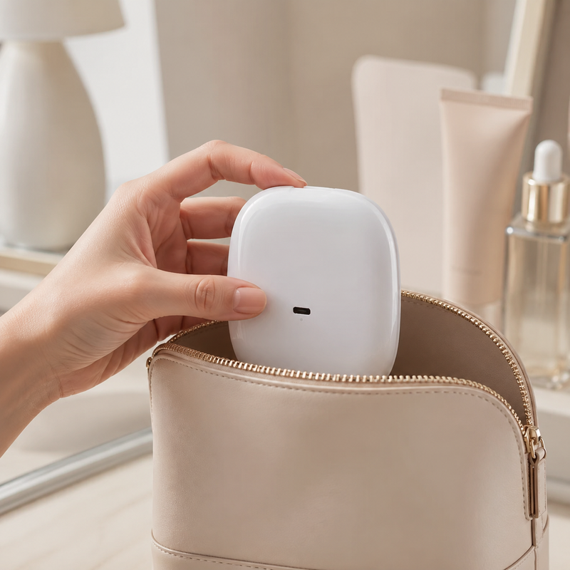 Miroir Grossissant de Poche à LED port USB-C rechargeable rangé dans un sac