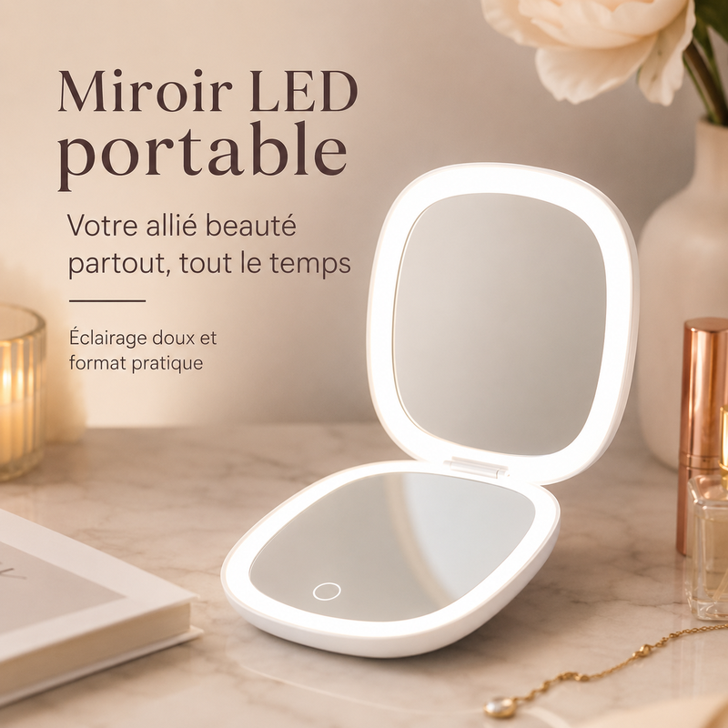Miroir Grossissant de Poche à LED portable ouvert sur coiffeuse