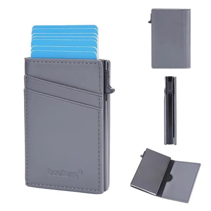 blue leather card holder for men - Grey - Gray - Plain