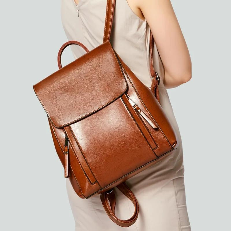 chic leather women's backpack - Caramel - Brown - Black