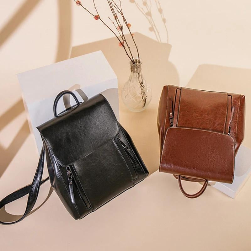 women's leather briefcase backpack - Caramel - Brown - Black