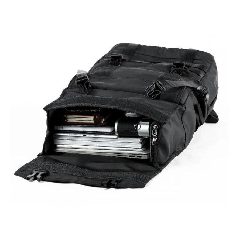 large backpack - black - 1 buckle strap - black - 2 buckle straps - black - 1 side buckle strap - black - roll top