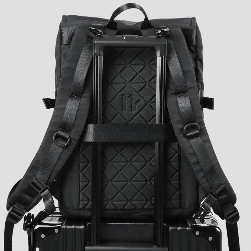large travel backpack - black - 1 buckle strap - black - 2 buckle straps - black - 1 side buckle strap - black - roll top