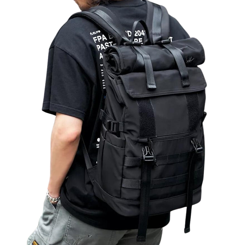 large capacity travel bag - black - 1 loop attachment - black - 2 loop attachments - black - 1 side loop attachment - black - roll top