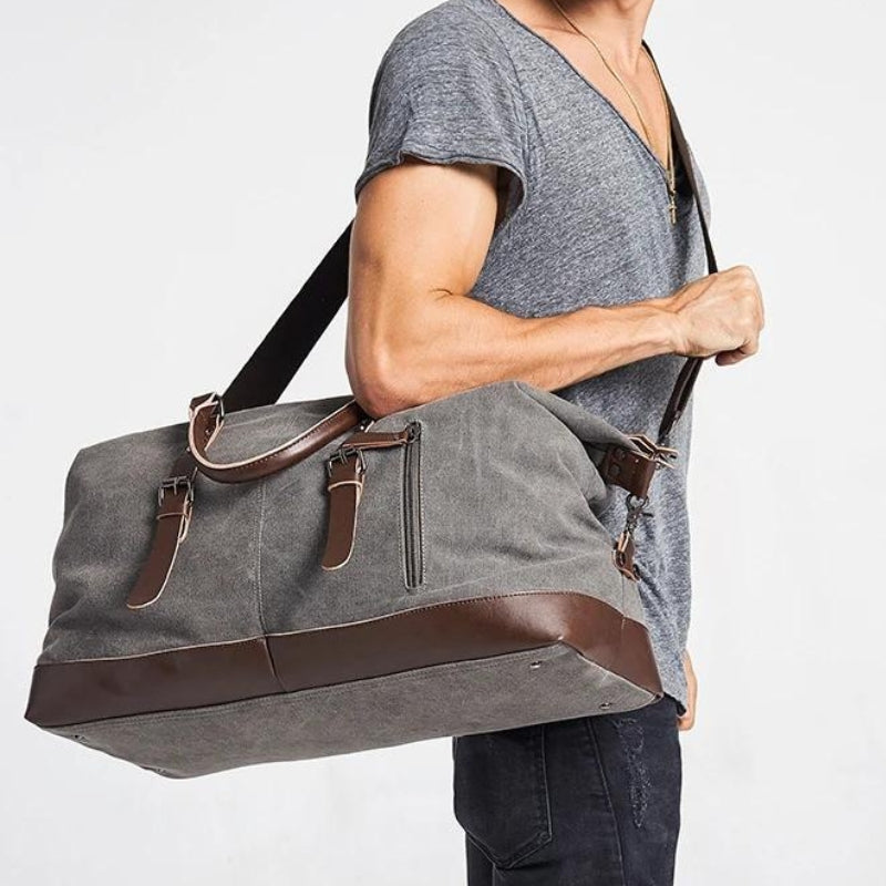 travel canvas bag held in hand - Grey - Gray - Black - Brown - Green - Blue