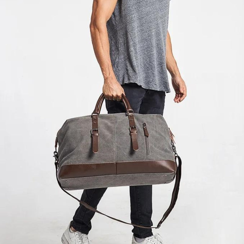travel canvas bag held in hand - Grey - Gray - Black - Brown - Green - Blue