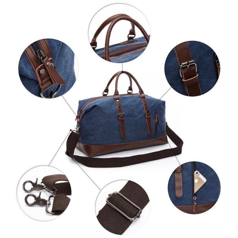 travel canvas bag close up details - Grey - Gray - Black - Brown - Green - Blue
