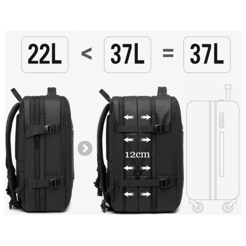 expandable travel backpack displayed dimensions - Black - Grey - Gray - Blue - Green