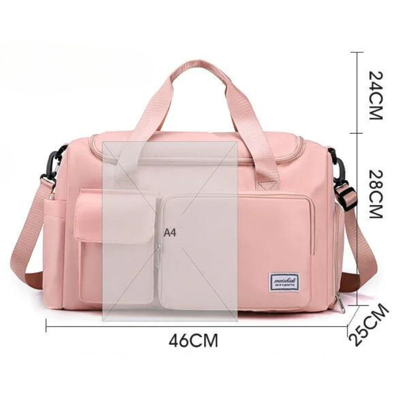 women's travel bag with shoe storage close up dimensions - Black - Blue - Sky Blue - Green and Pink - Khaki - Pink - Lavender - Light Green - Grey and Pink - Gray and Pink - Deep Blue - Purple