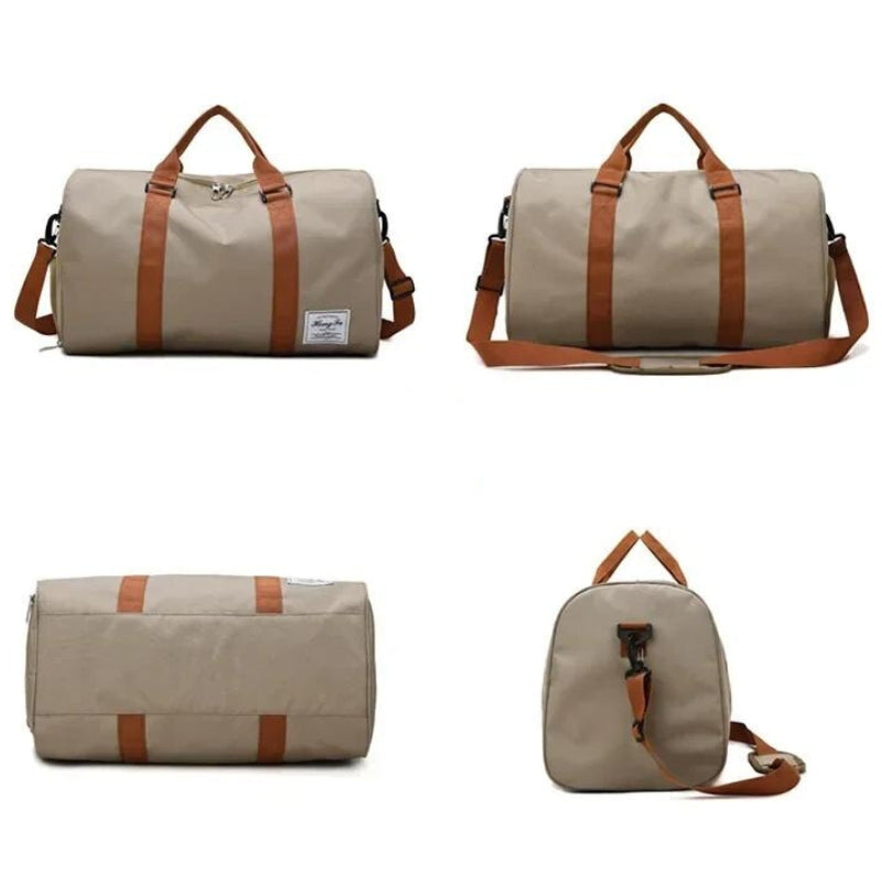 weekend bag with shoe compartment four different angles - Khaki - Black - Blue - Green - Purple