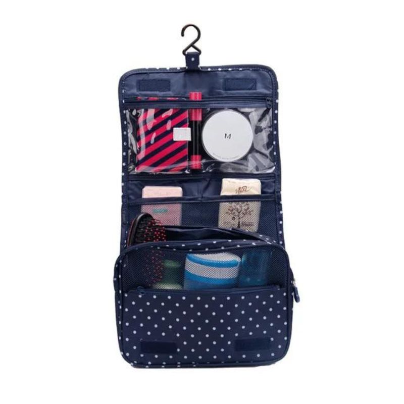 women's hanging toiletry bag - Blue Polka Dot Print