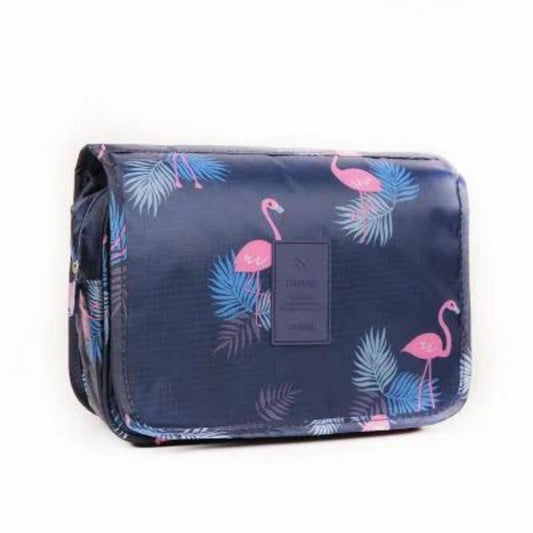 women's double compartment toiletry bag - Navy Blue Flamingo Print