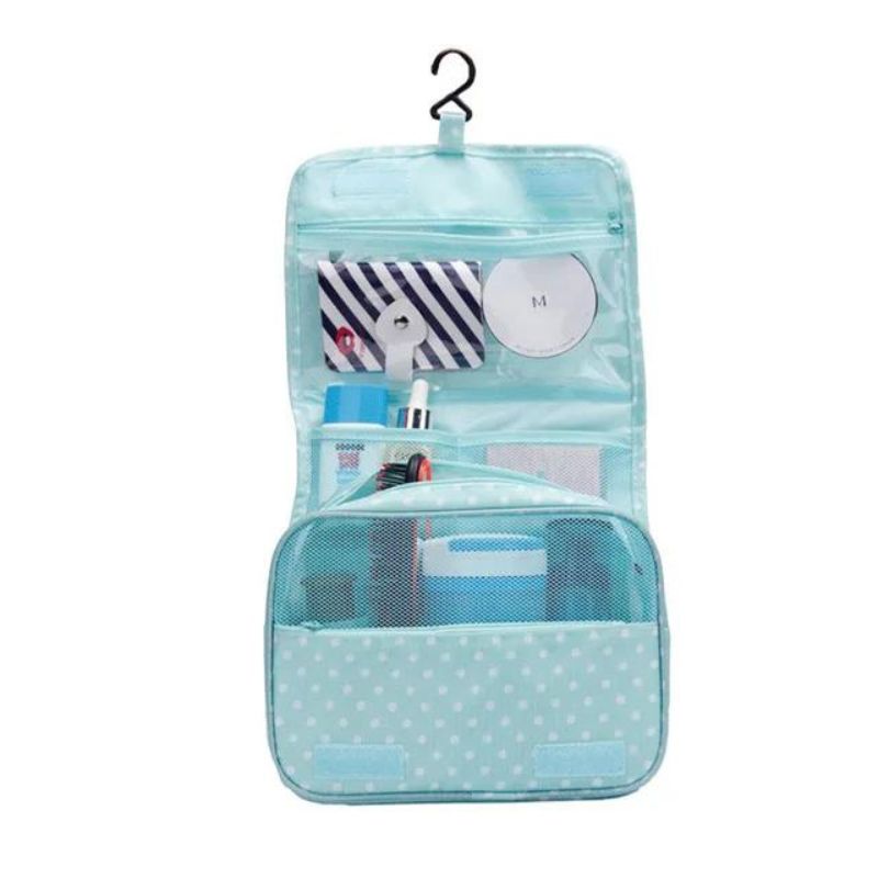 women's toiletry bag with storage - Sky Blue Polka Dot Print