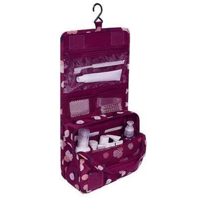 women's toiletry bag with hook - Bright Red Floral Print